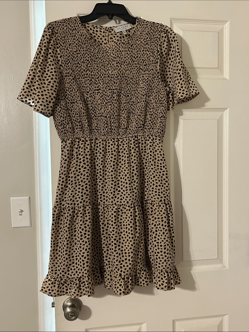 Hayden Beige Leopard-Spot Smocked Tiered Short Sleeve Dress
